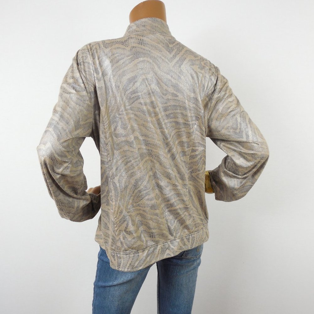 CHICO'S Top L Sz 2 Tan Animal Print Moto Jacket Zip Up Front Soft Distressed - Picture 10 of 11